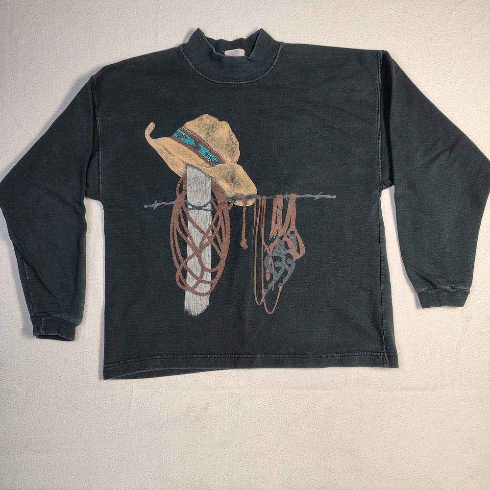 Vintage 90s Sun Sportswear Sweatshirt M Black Cotton Western Cowboy Graphic